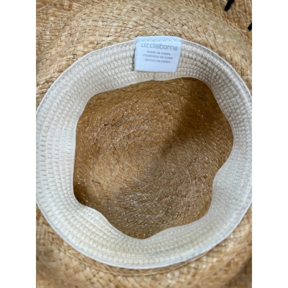 Liz Claiborne Women Natural Straw Sun Hat Wide Brim Whipstitch Detail Tan Brown